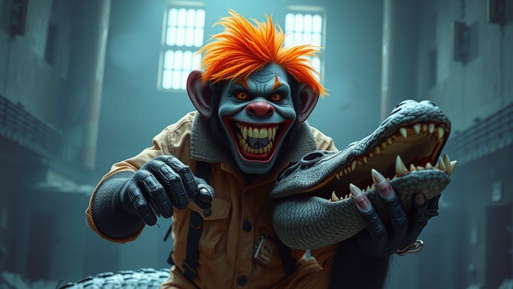 Zombie Clown Monkey Wrestles Alligator in Alcatraz