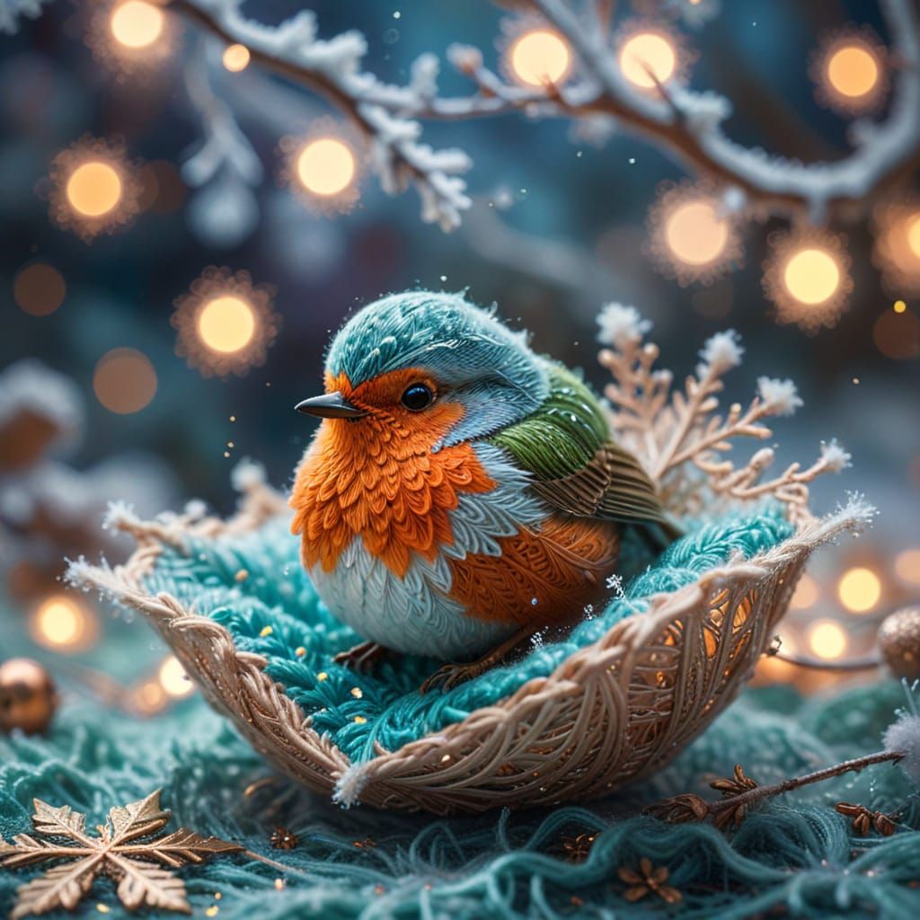 Robin in Knitted Leaf: Whimsical 3D Art