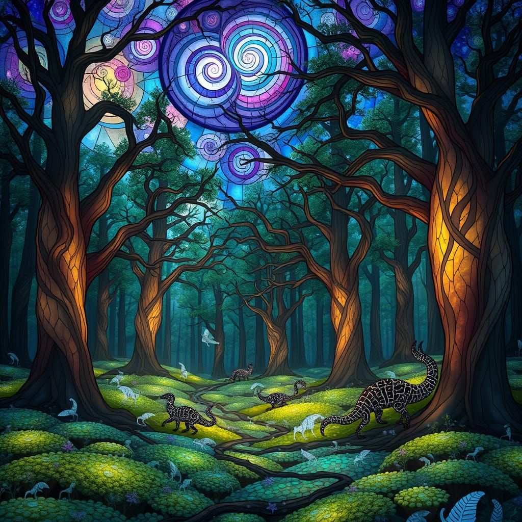 Stained Glass Forest Glade with Nebula Sky