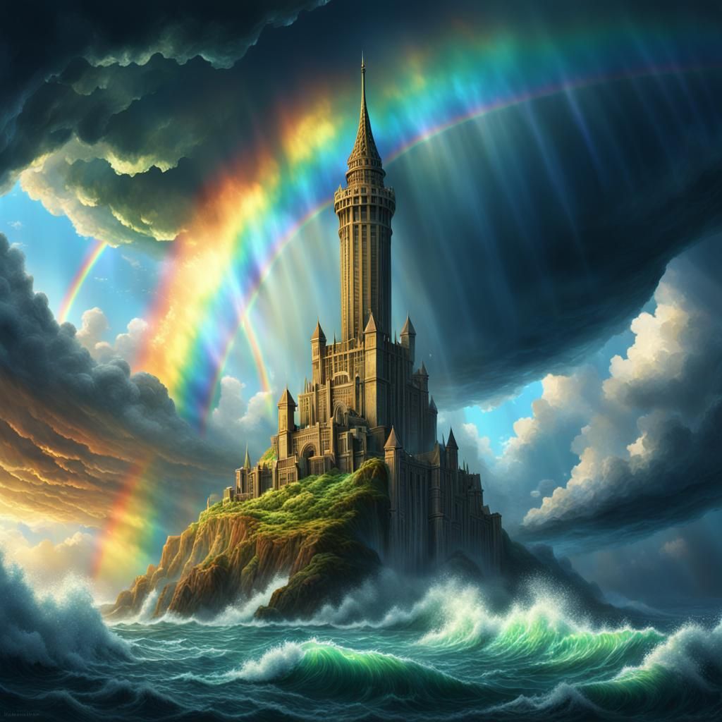 Rainbow Tower over Stormy Sea: Fantasy Concept Art