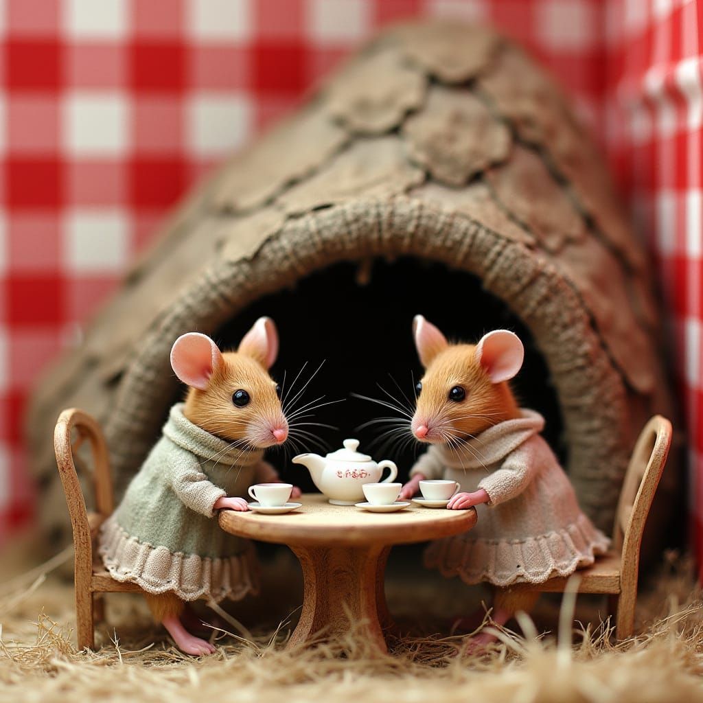 Whimsical Mouse Family in Cozy Gingham Setting