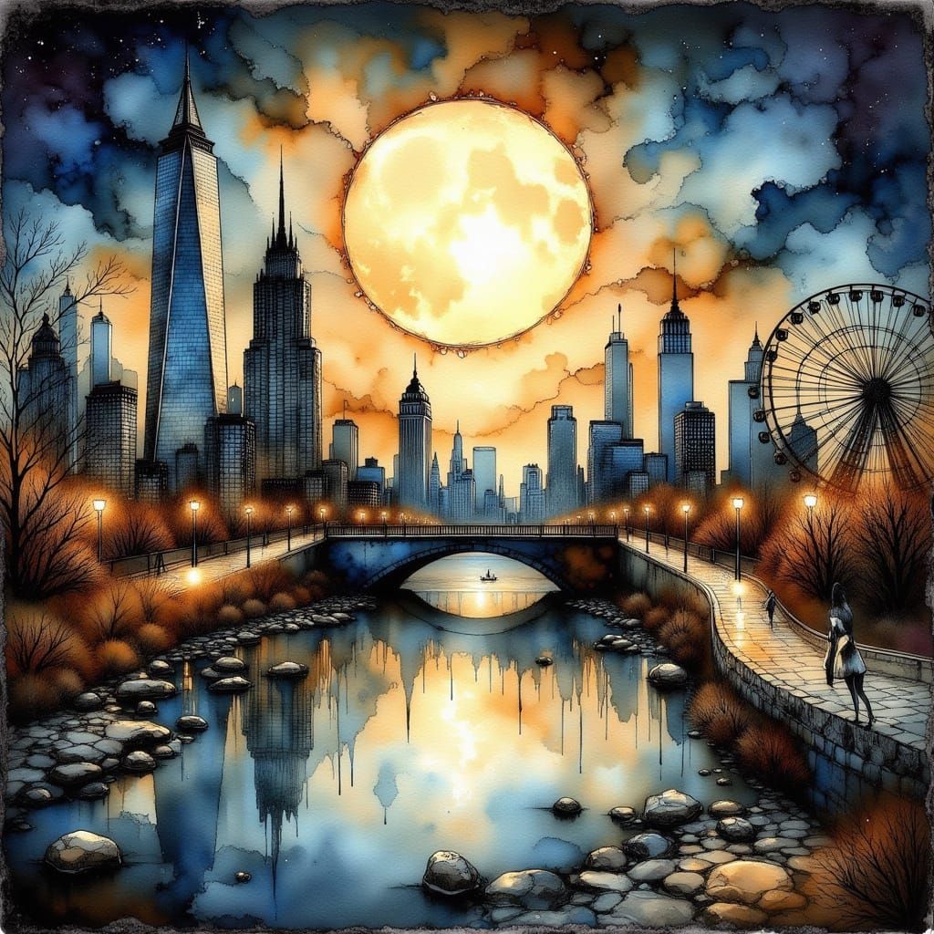 City Skyline with Moonlit Ferris Wheel in Alcohol Ink Style