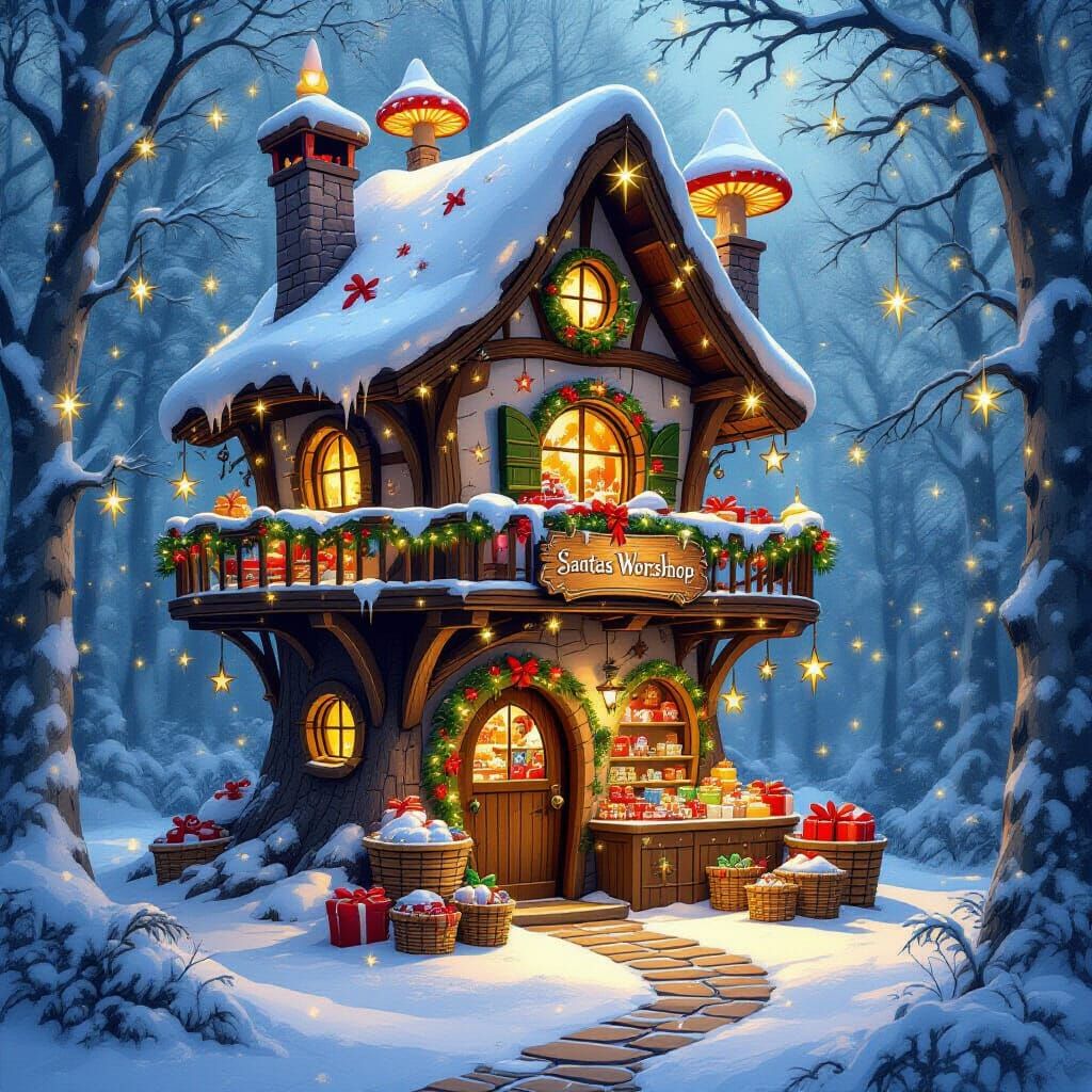 Whimsical Fairy Treehouse Christmas Shop in Snowy Forest