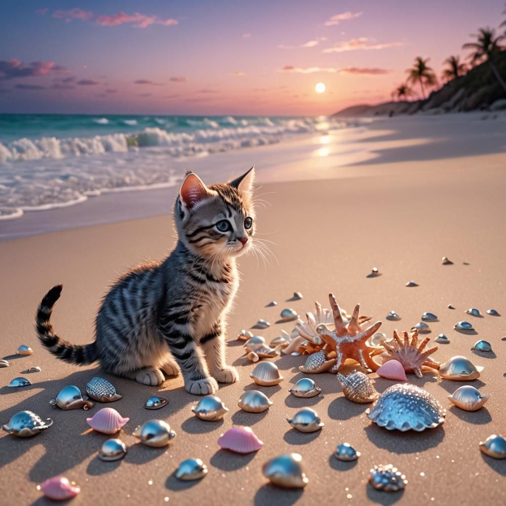 Twilight Pink Sand Beach: Surrealist Kitten Fairytale