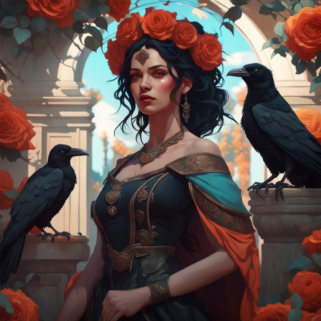 Queen with Raven in Black Rose Garden