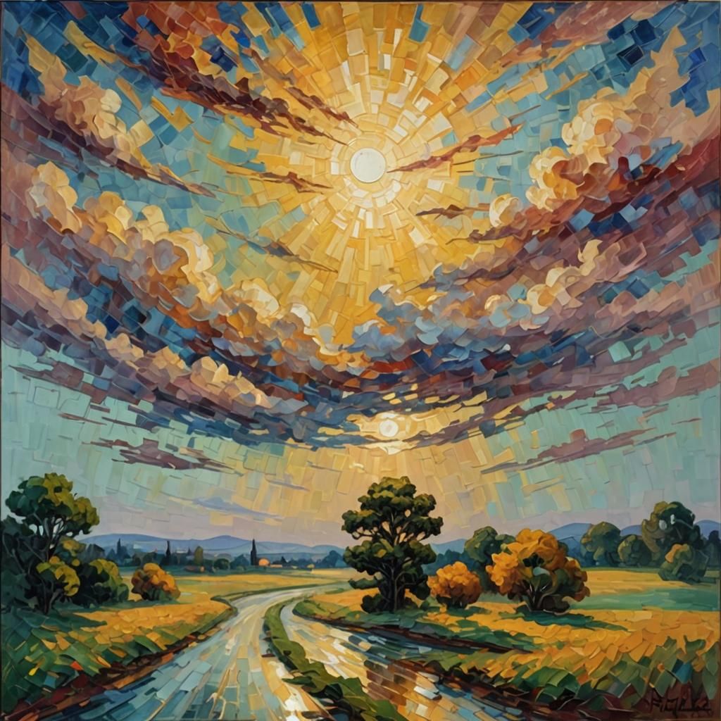 Melancholic Golden Sky: An Expressionist Oil Painting