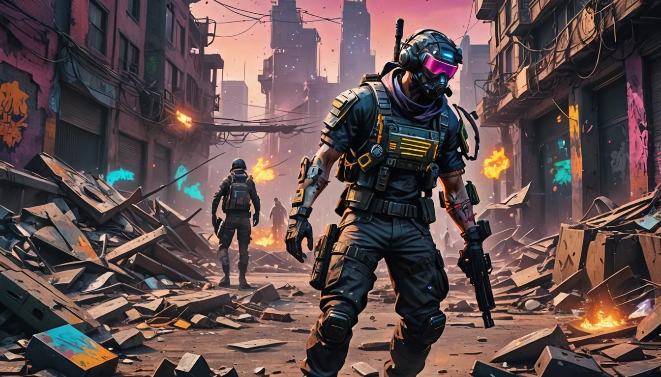 Cyberpunk Soldier's Brutal Fight in Post-Apocalyptic City