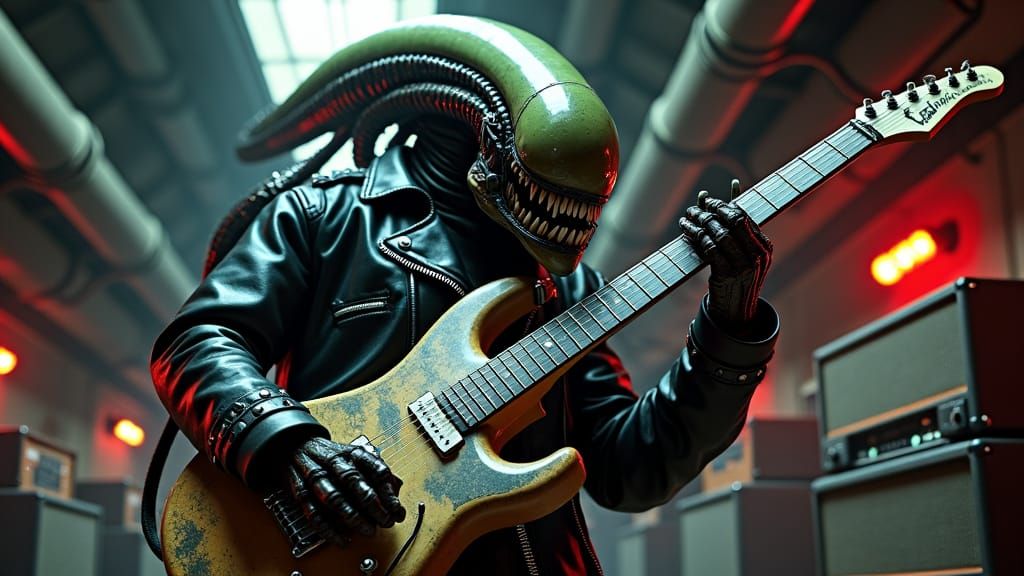 Xenomorph Alien Shreds on Guitar Inside Nostromo Spaceship