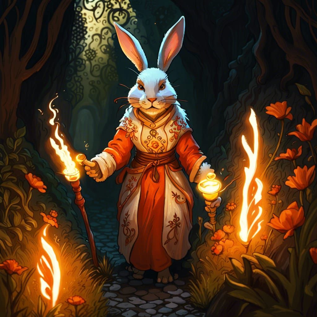 Rabbitfolk Priestess Exploring Overgrown Maze, Fantasy Art