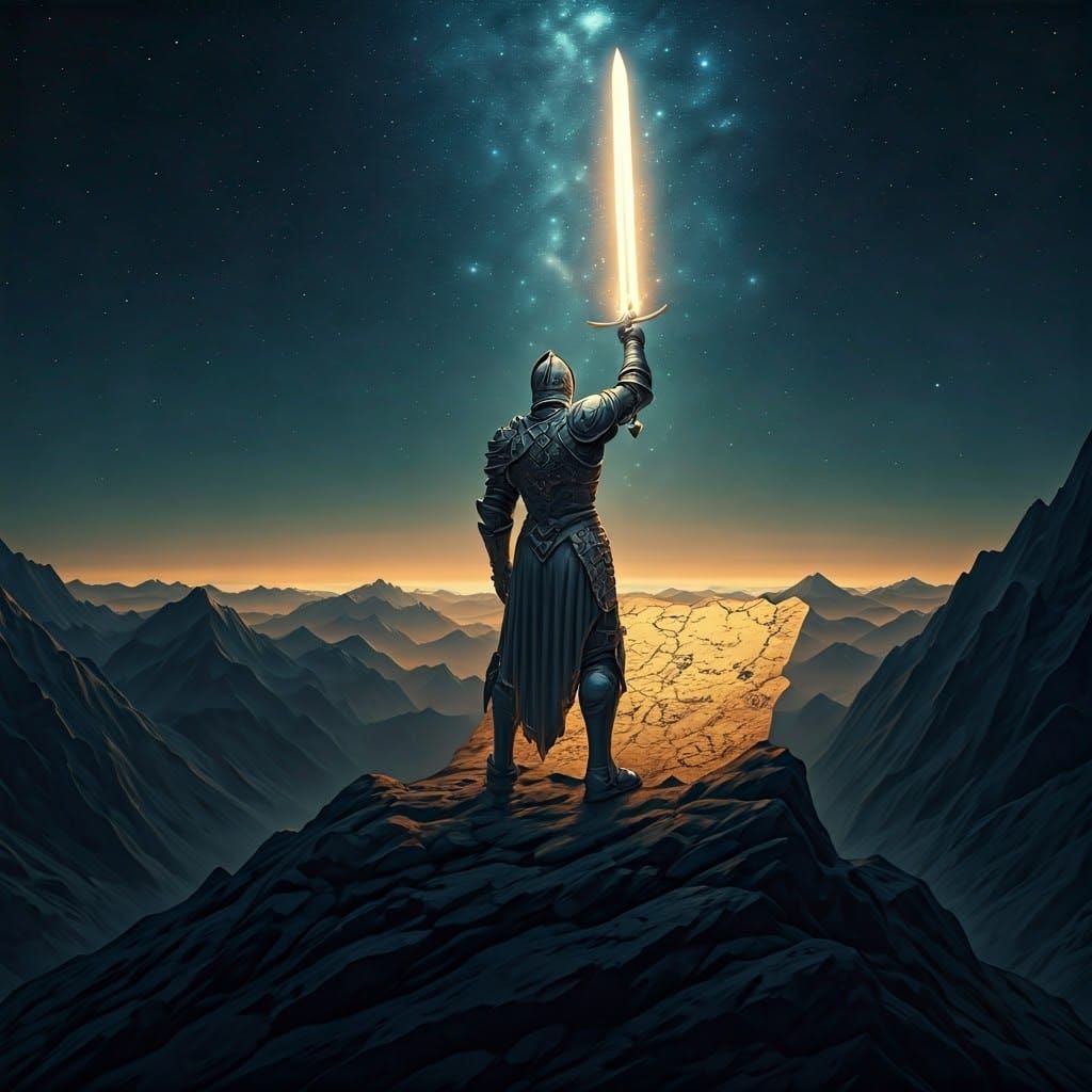 Ethereal Knight Rises to Cosmic Challenge in Dramatic Mounta...