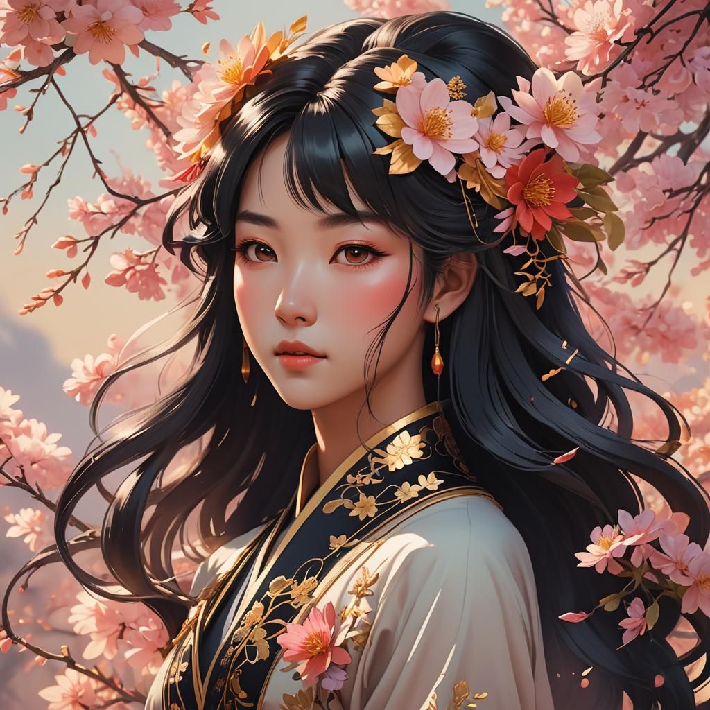 Anime Portrait of a Serene Woman with Flowers