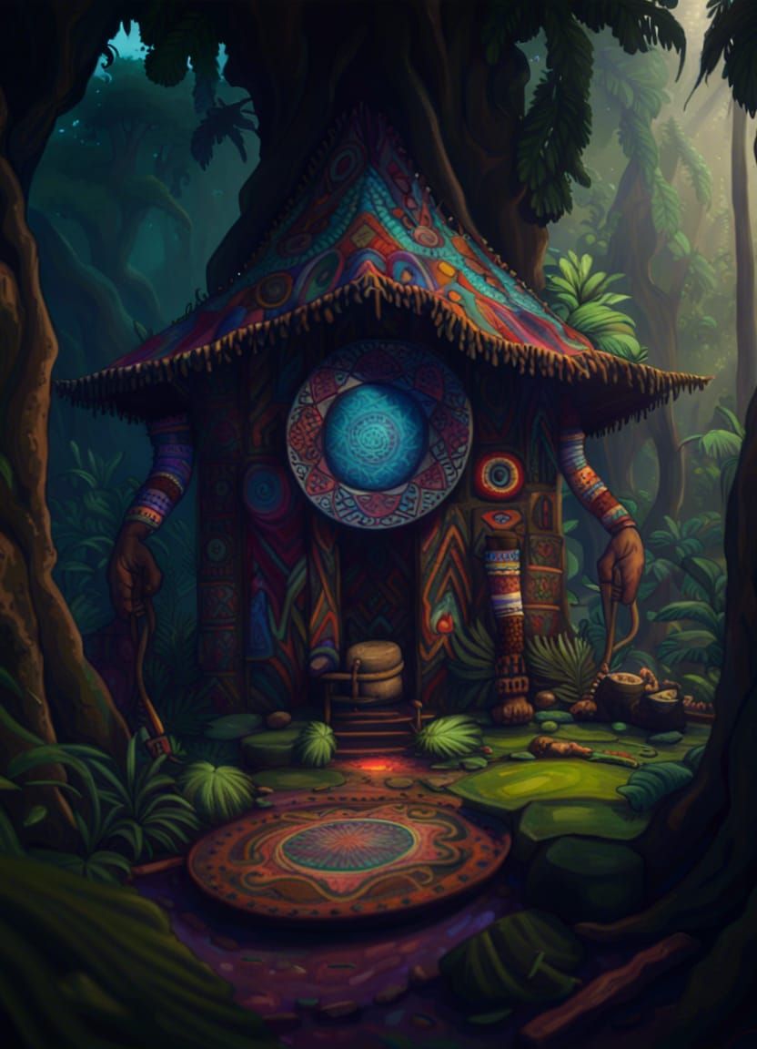 (an ayahuasca retreat in peru) shamans, huts, jungle, drum circles, psychedelic, ethereal, transcendental {unreal engine...