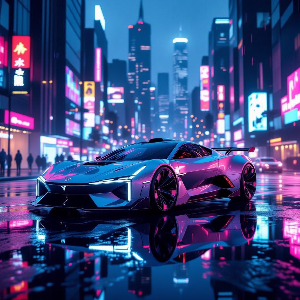 Futuristic Hover Car in Neon Cyberpunk City