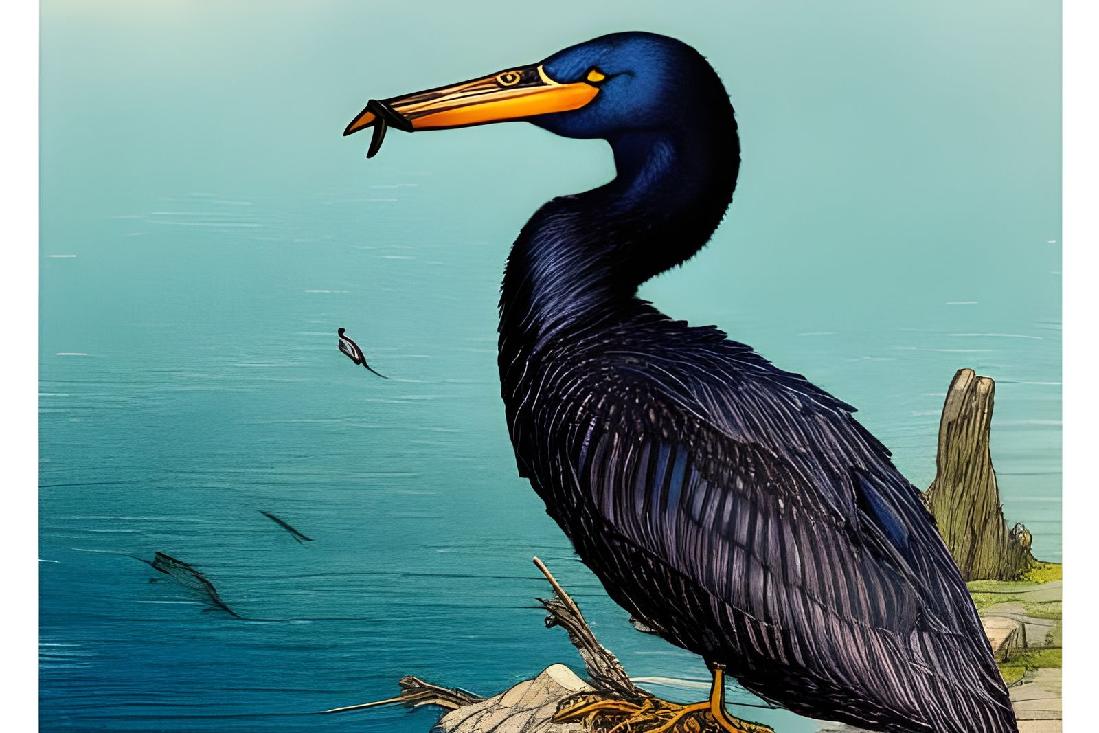 Cormorant Portrait at Fishing Spot, Digital Painting