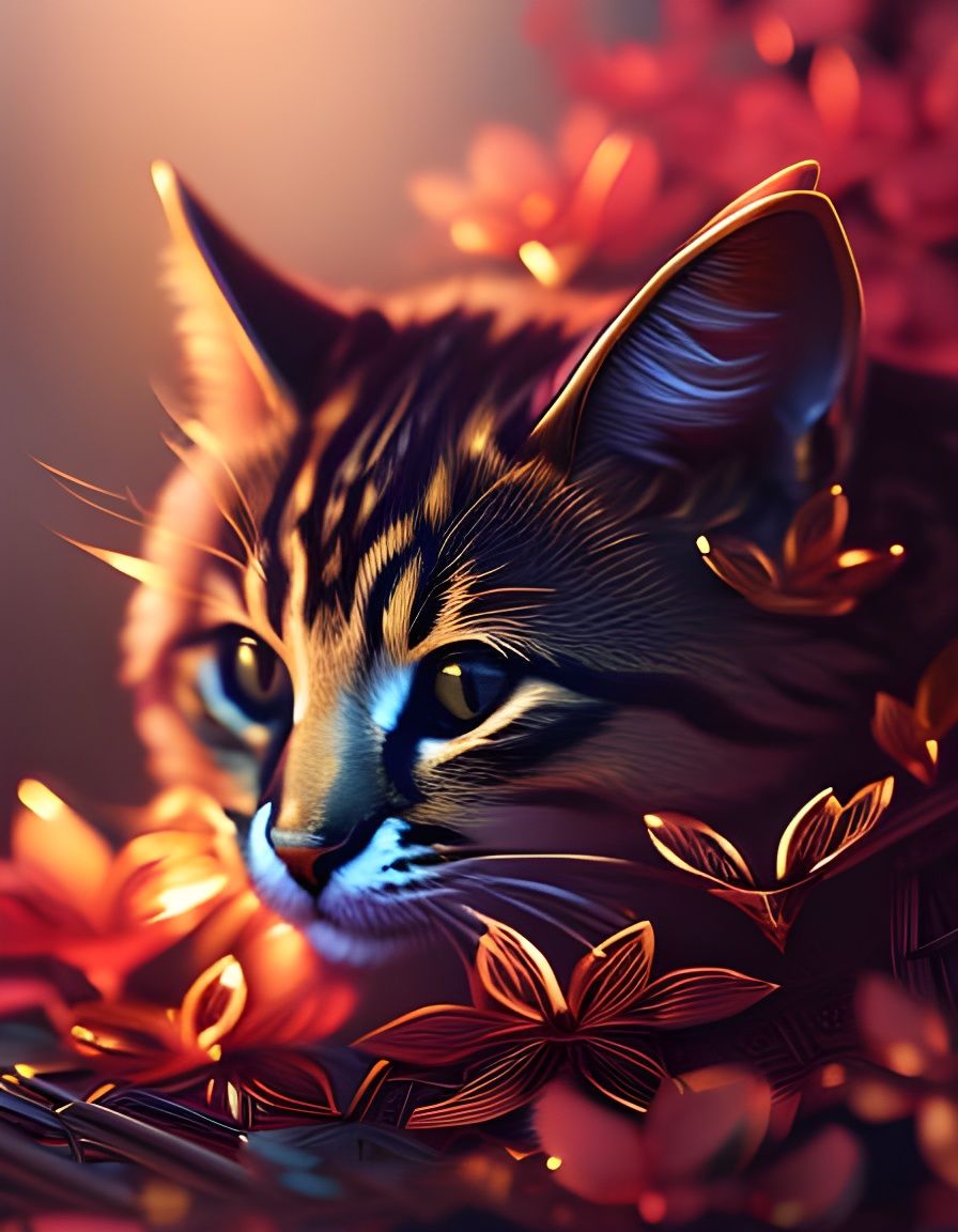 Golden Kitten with Transparent Petals, Digital Art