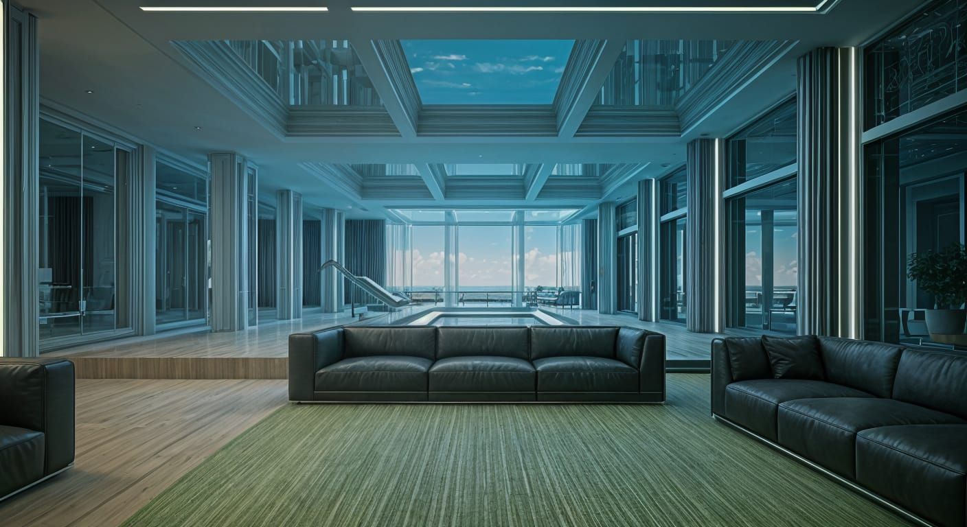 Space Age Living Room with Pool, Hyperrealistic Photo