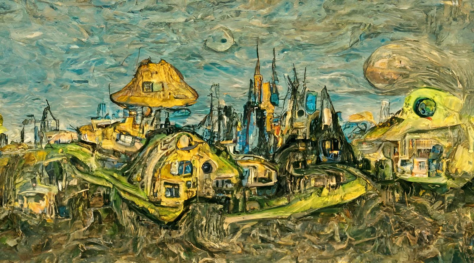 Chaotic Sci-Fi Landscape in Post-Impressionist Style