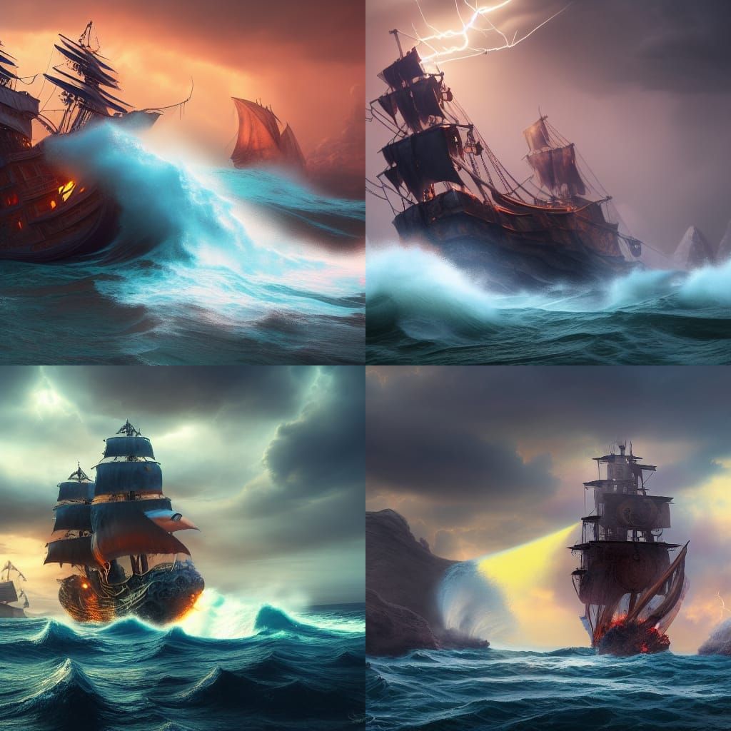 Pirate Ship Amidst Lightning Storm in Detailed Matte Paintin...