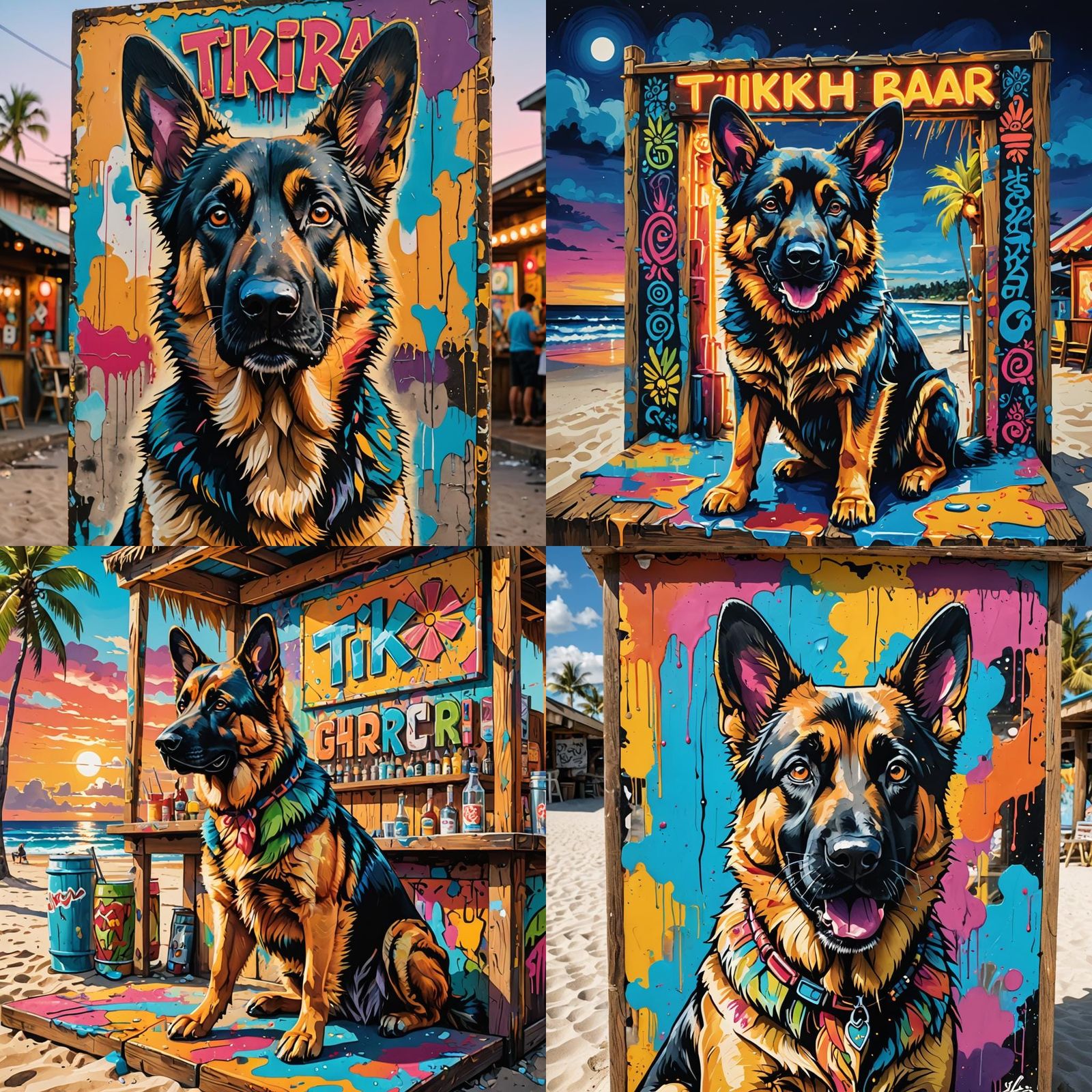 Vibrant Tiki Bar Scene on Beach with Tropical Dog Mural