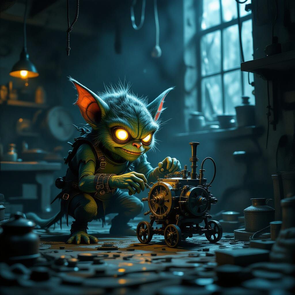 Gremlin Repairs Steam Automaton in Noir Workshop