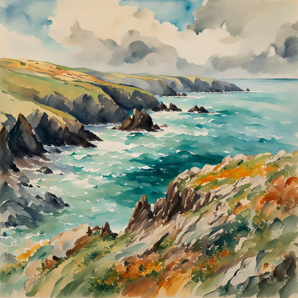 Cornish Coast Impressionist Landscape in Watercolor