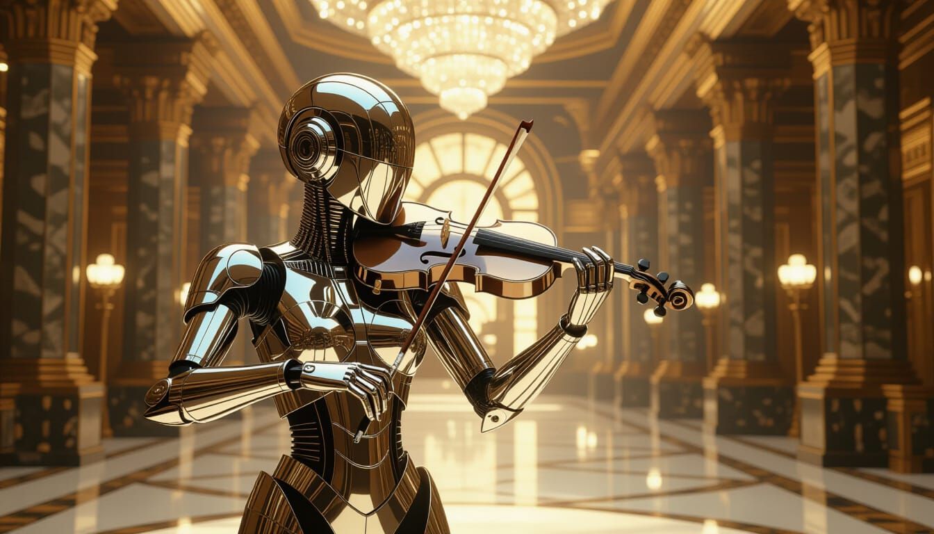 Chrome Robot Woman Plays Violin in Art Deco Style