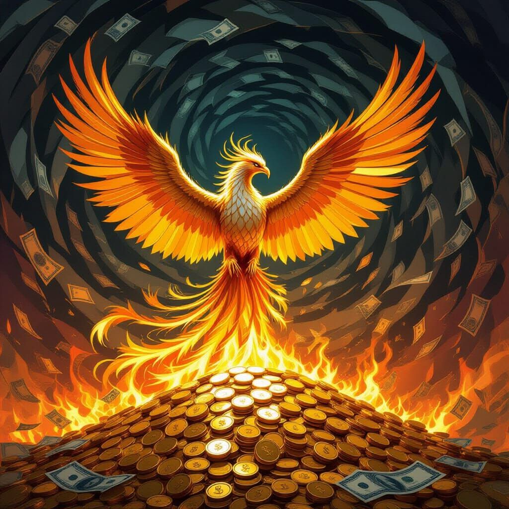 Majestic Phoenix Rises from Burning Gold