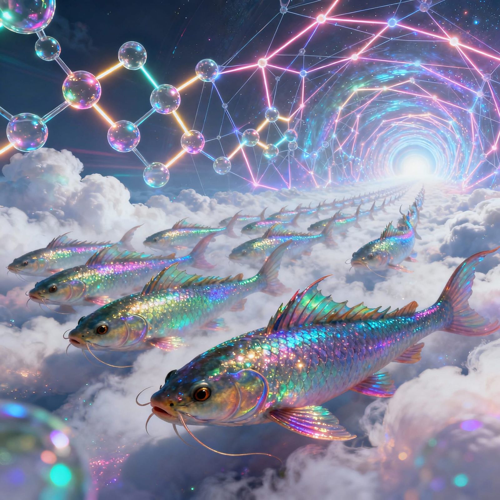 an endless row of catfish dragons in a glitterpickle disappe...