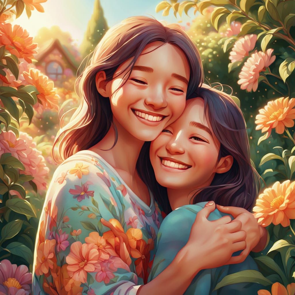 Person Smiling in Vibrant Garden, Whimsical Art