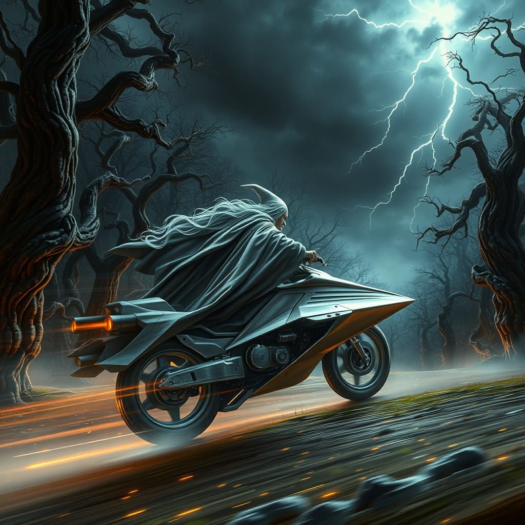 Gandalf on a Speeder Bike in a Fantastical Galactic Forest
