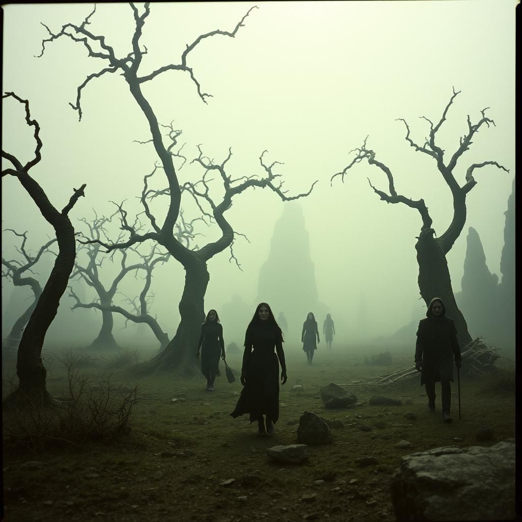 A chromatic aberration dreadful landscape, people wandering ...