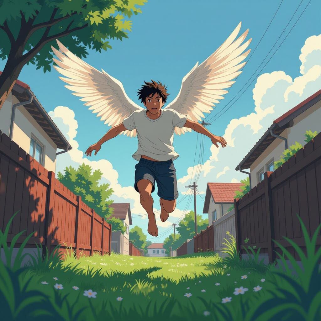 Man Takes Flight in Garden with Anime Style