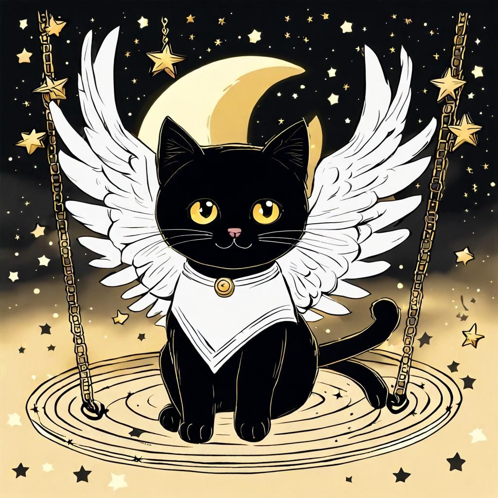 Cute Black Cat Angel in Starry Sky