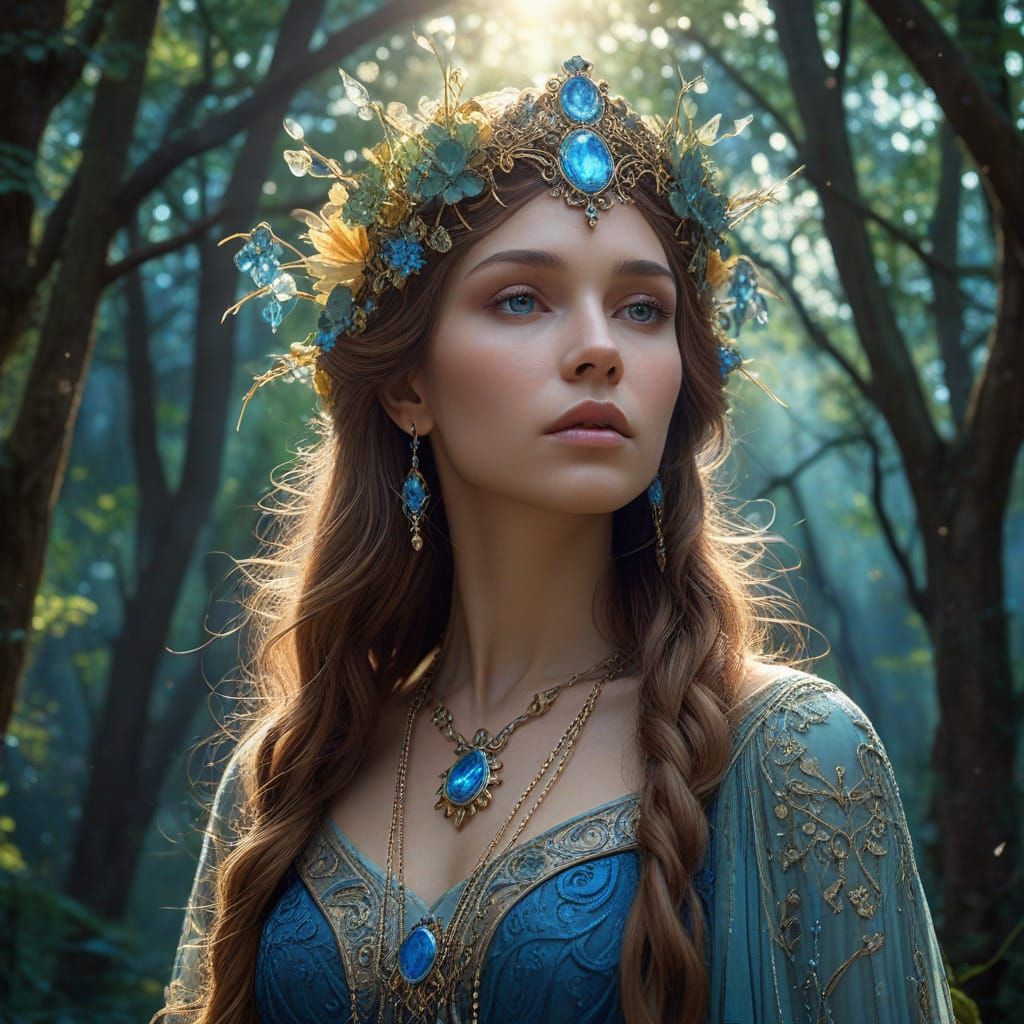 Art Nouveau Sorceress in Mystical Forest Clearing