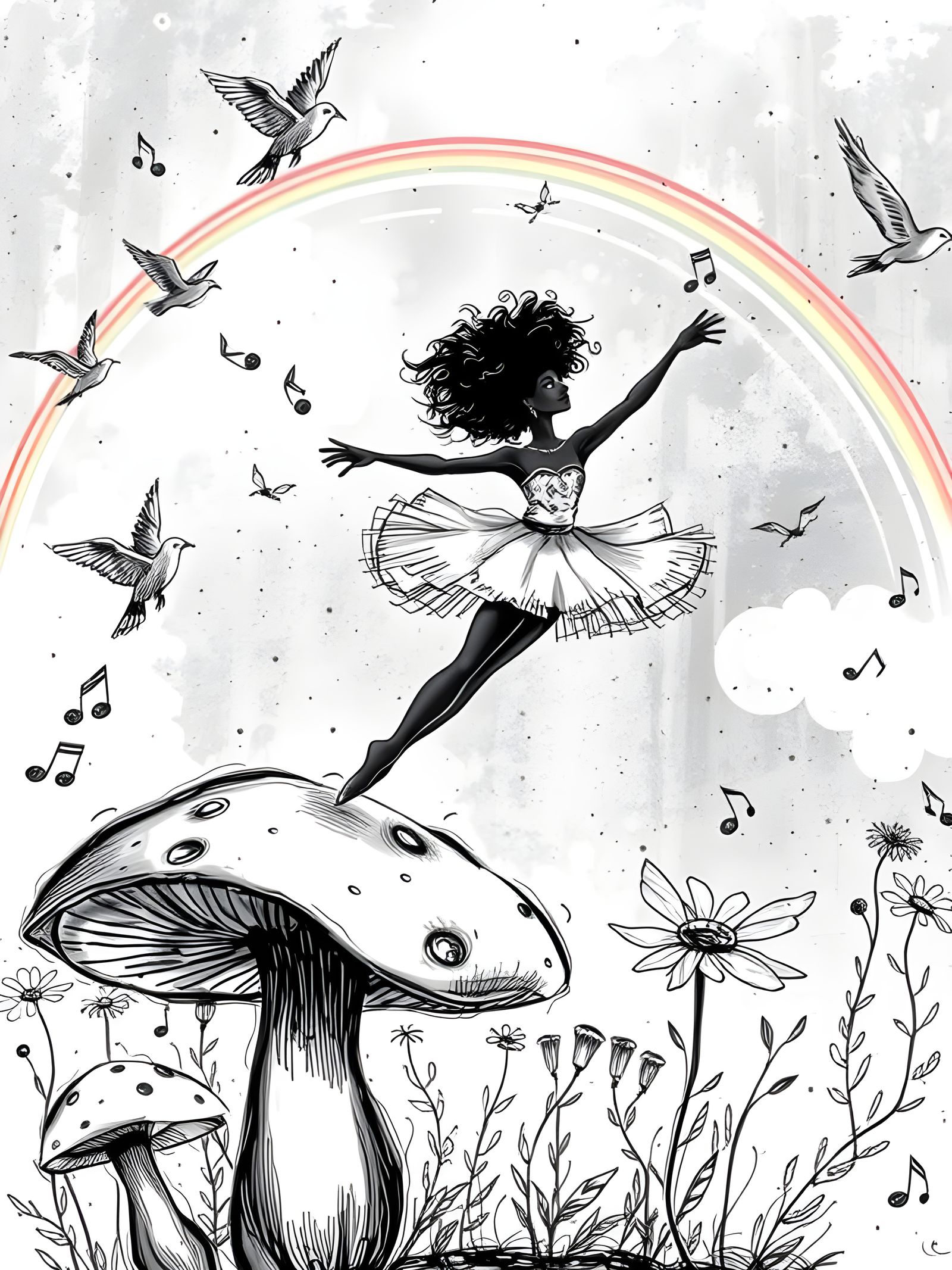 Black Ballerina Leaps in Monochrome Doodle Art