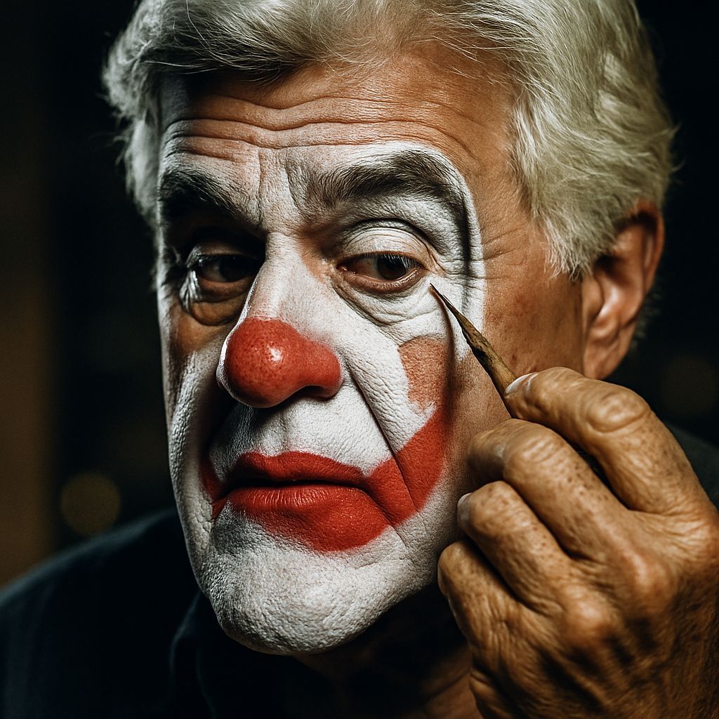 Hyper-Realistic Photo of Jay Leno Applying Clown Makeup