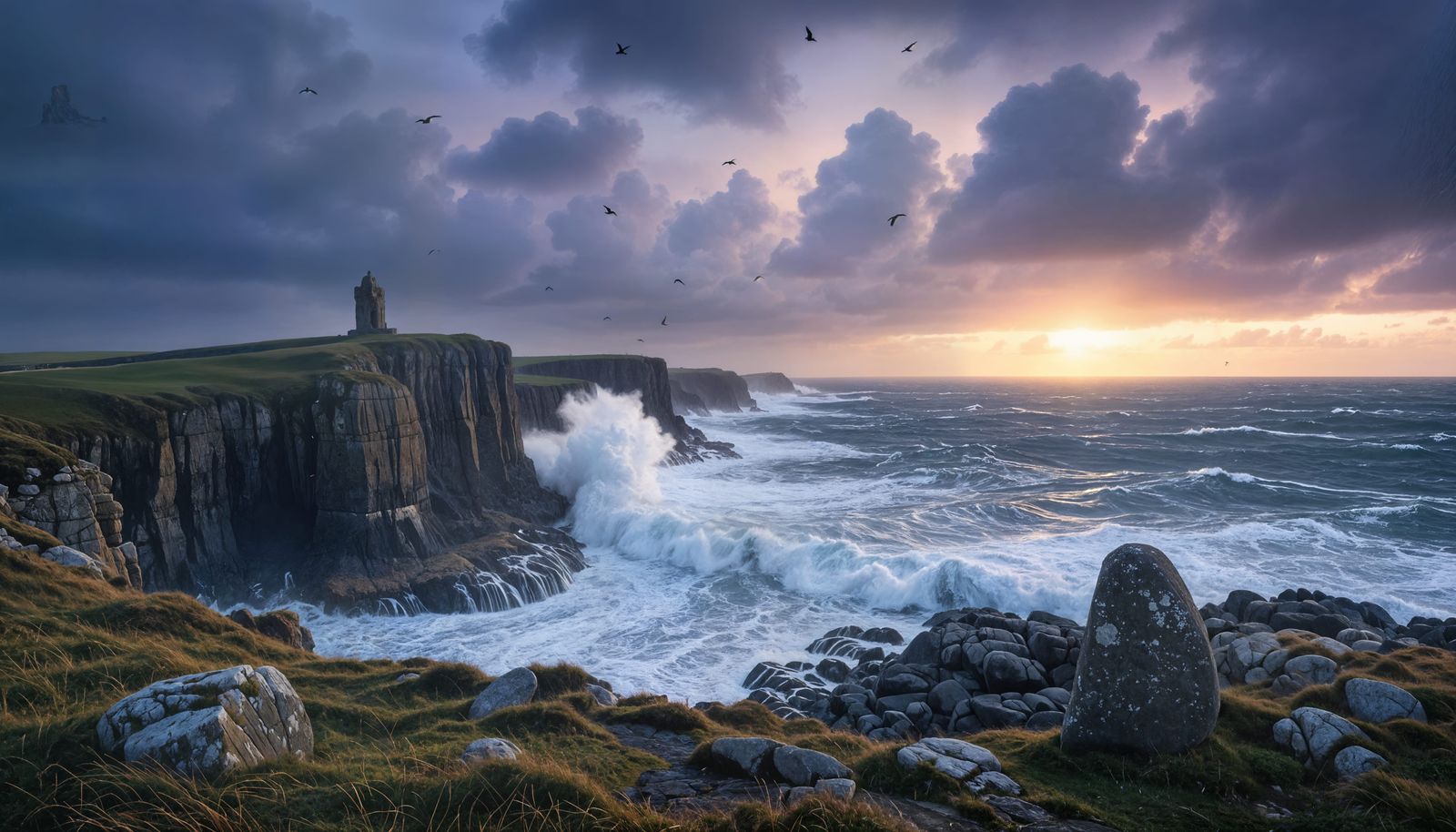 Stormy Brittany Coastline with Lighthouse at Twilight