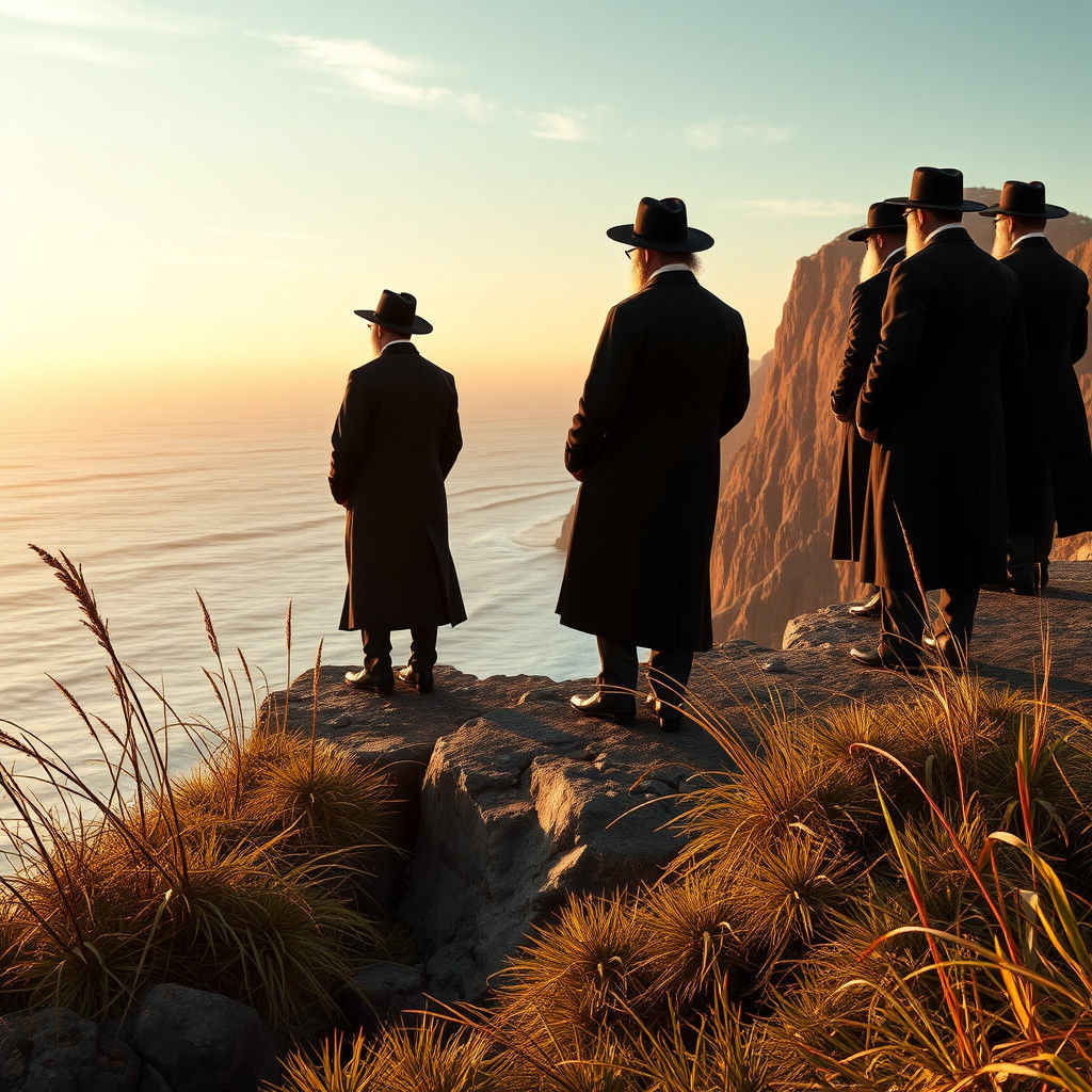 Hasidic Jews on Oregon Coast in Hyper-Realistic Style