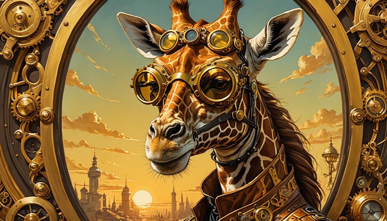 Steampunk Giraffe Portrait in Vibrant Oil Painting Style