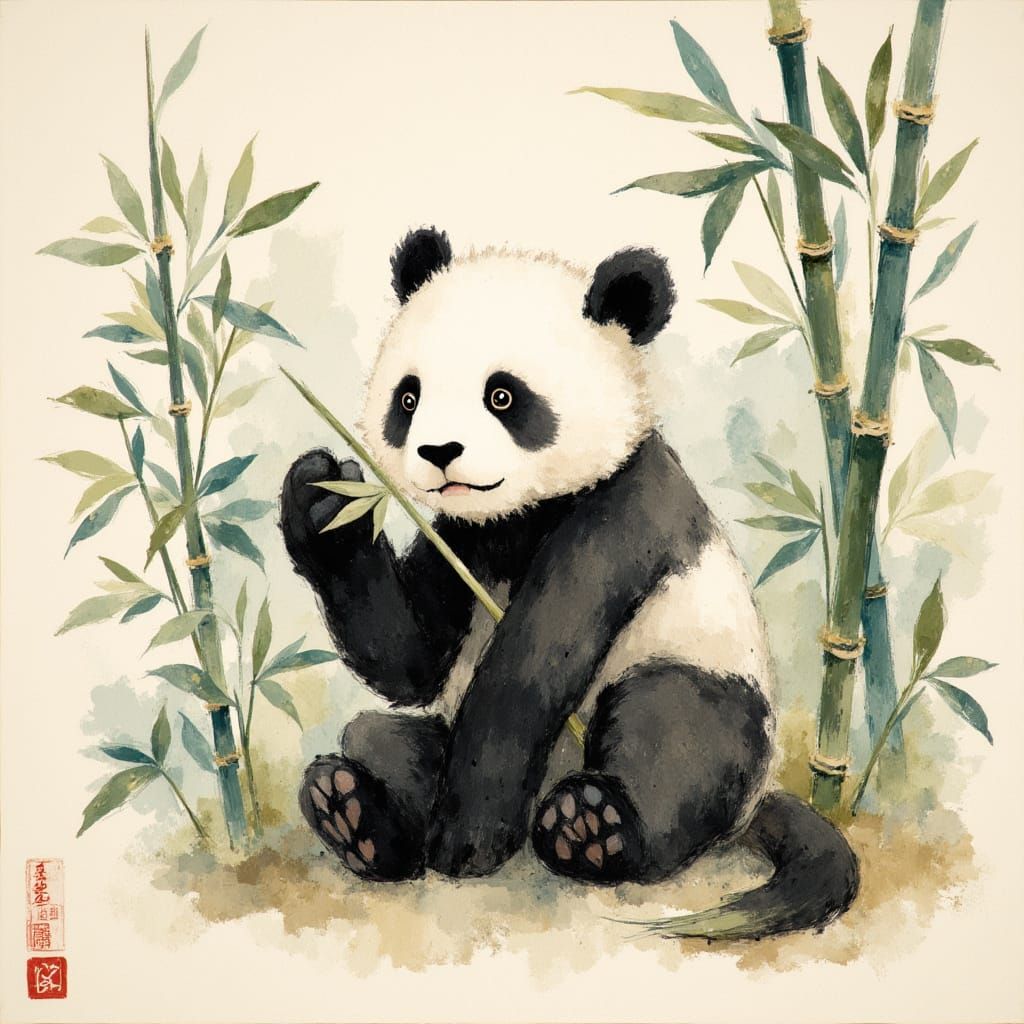 Panda in Bamboo: Chinese Brush and Ink Illustration
