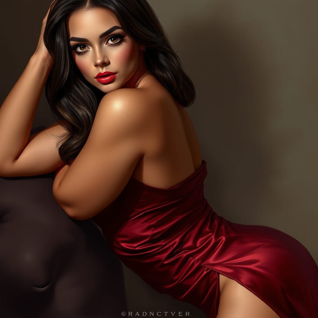 Exotic Beauty in Red Satin Gown