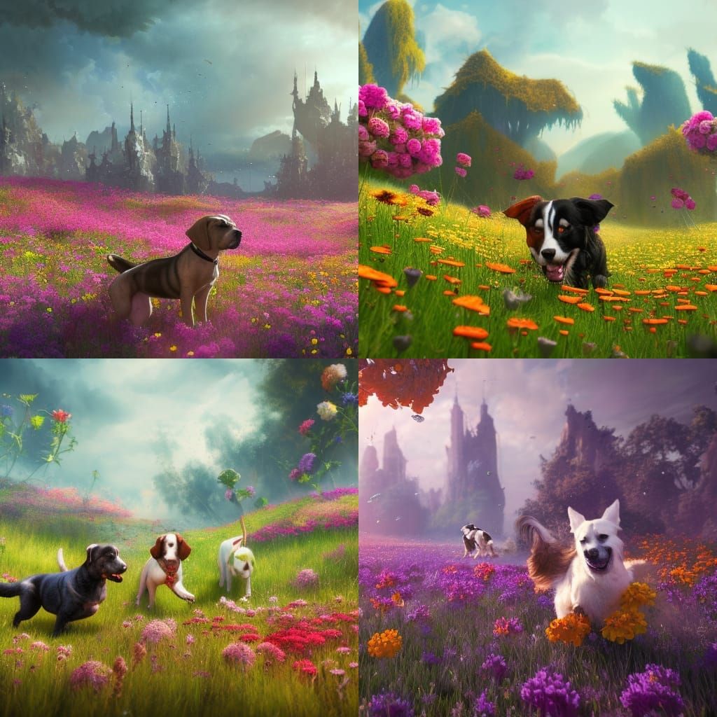 Dogs Playing in a Flower Field: Detailed Matte Painting