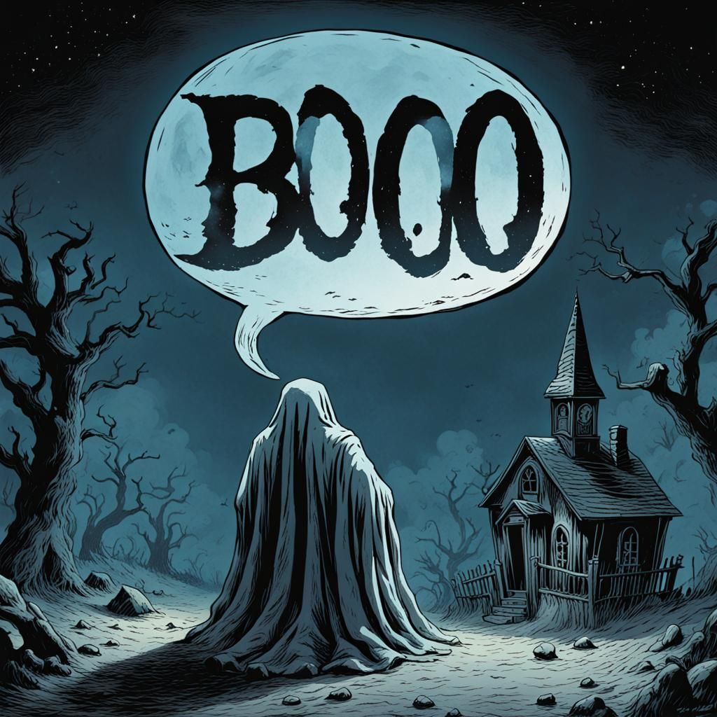 Cartoon Ghost Saying Boo in Engraving Style