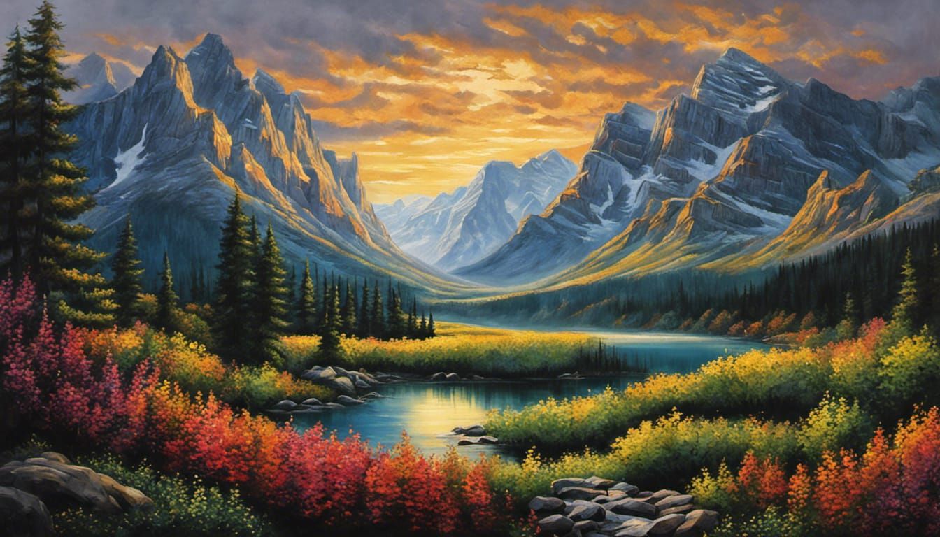 Hyperdetailed Charcoal Mountain Landscape at Sunrise