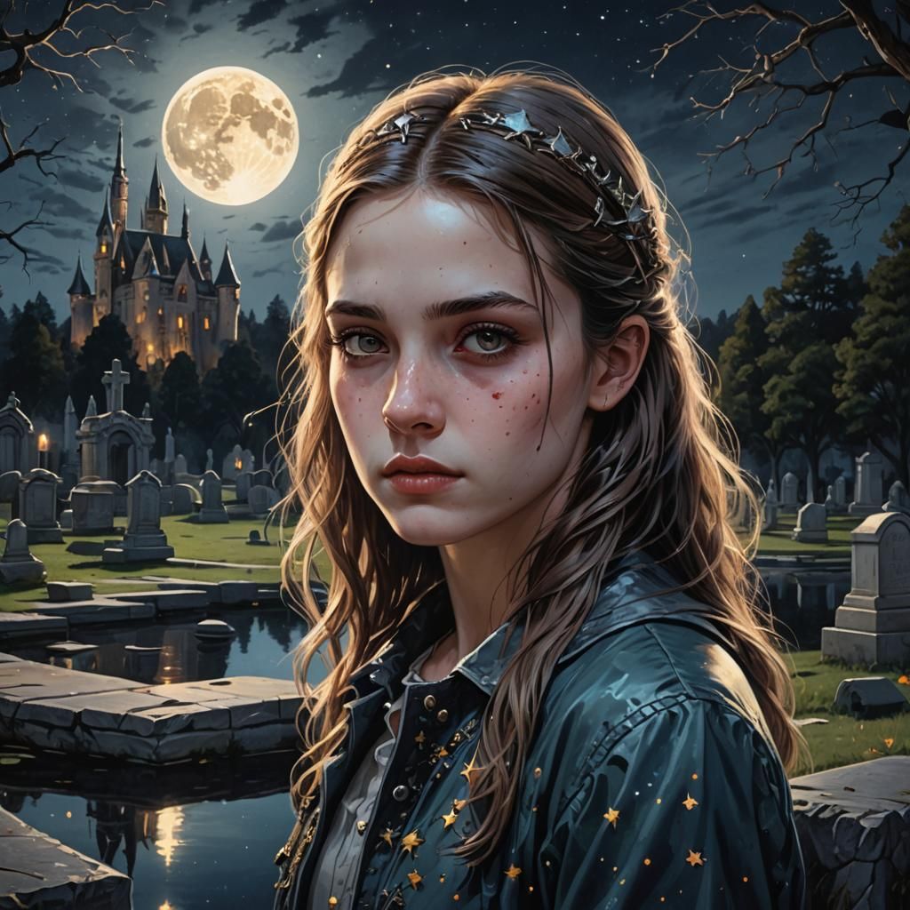 Young Girl at Castle Under Full Moon