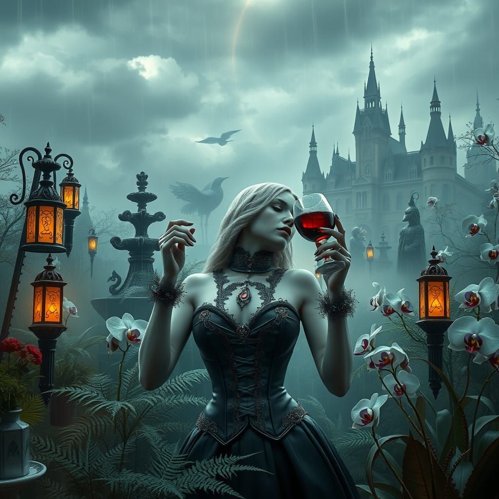 Ethereal Vampire Sips Wine in a Gothic Winter Garden
