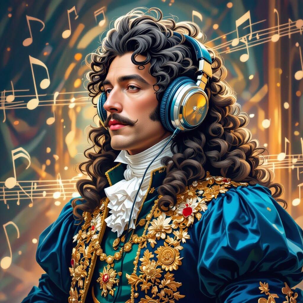 Adorable King Louis XIV with Headphones, Detailed Digital Ar...