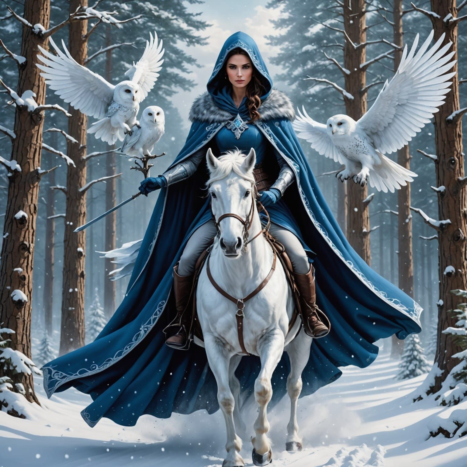 Winter Queen on Horseback in Snowy Forest