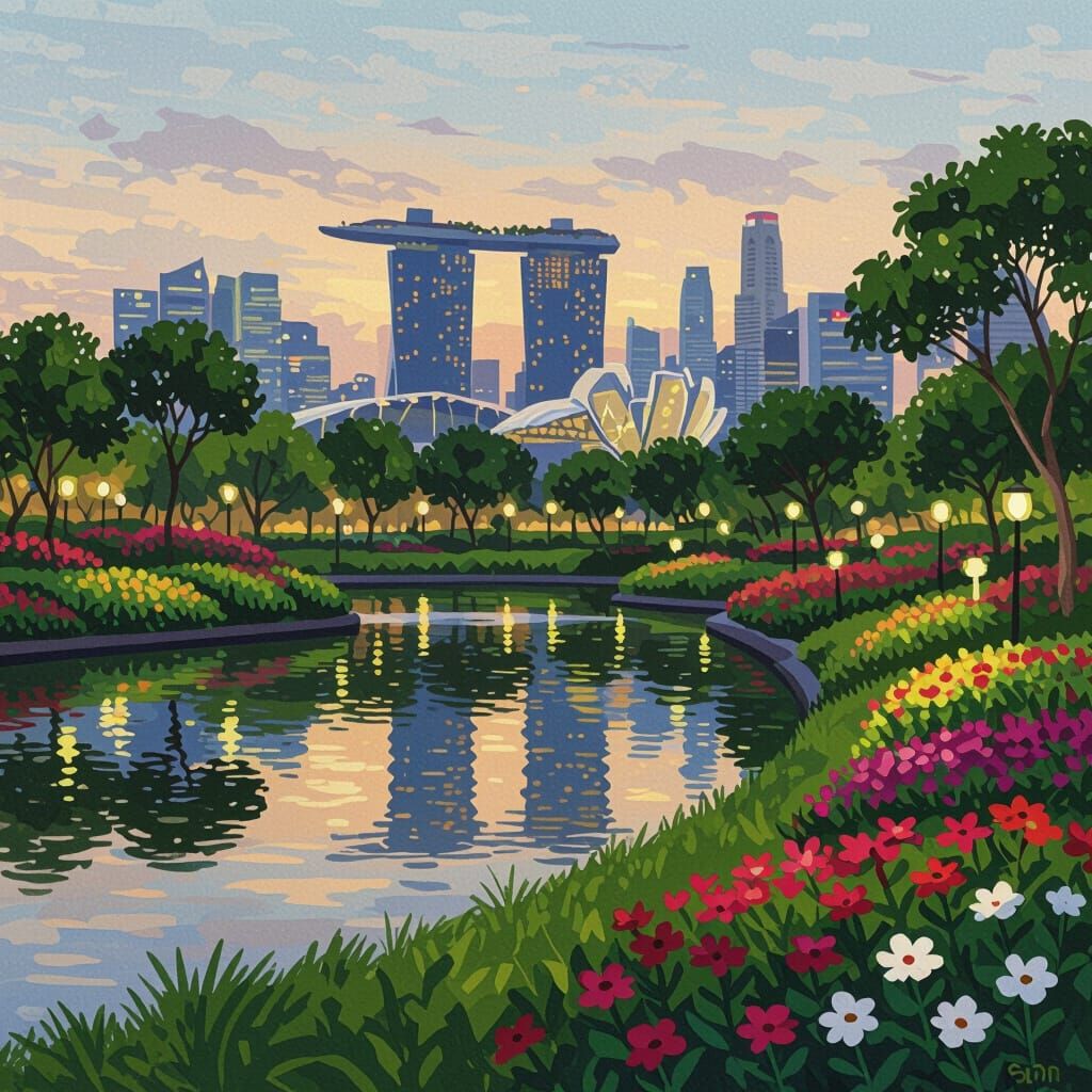 Garden by the Bay: Impressionist Dusk