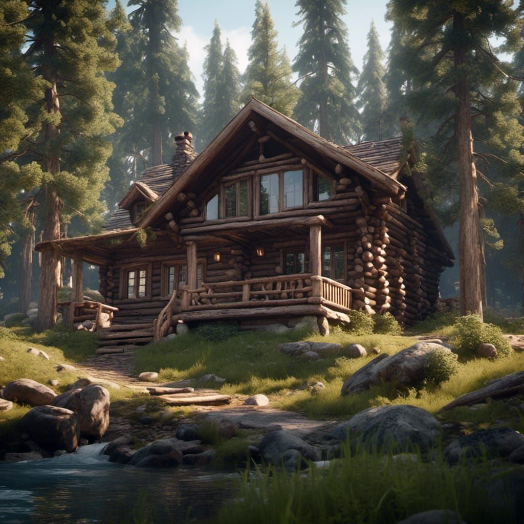 Log Cabin in Evergreen Forest, 3D Render